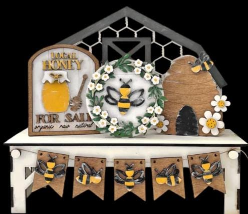 DIY Honey Bee Bench Insert: Interchangeable Wooden Display Decor, Unfinished Honey Pot, Honey Bees Home Decor DIY