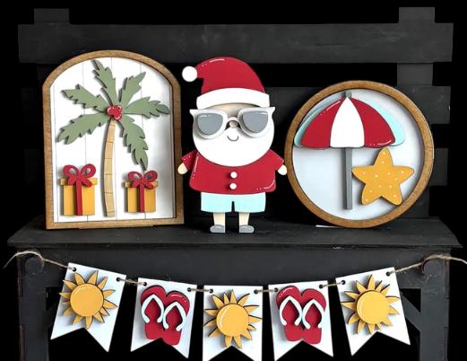 DIY Santa at the beach Bench Inserts: Interchangeable Holiday Decor, Seasonal Unfinished, Christmas Inserts, Flip Flops