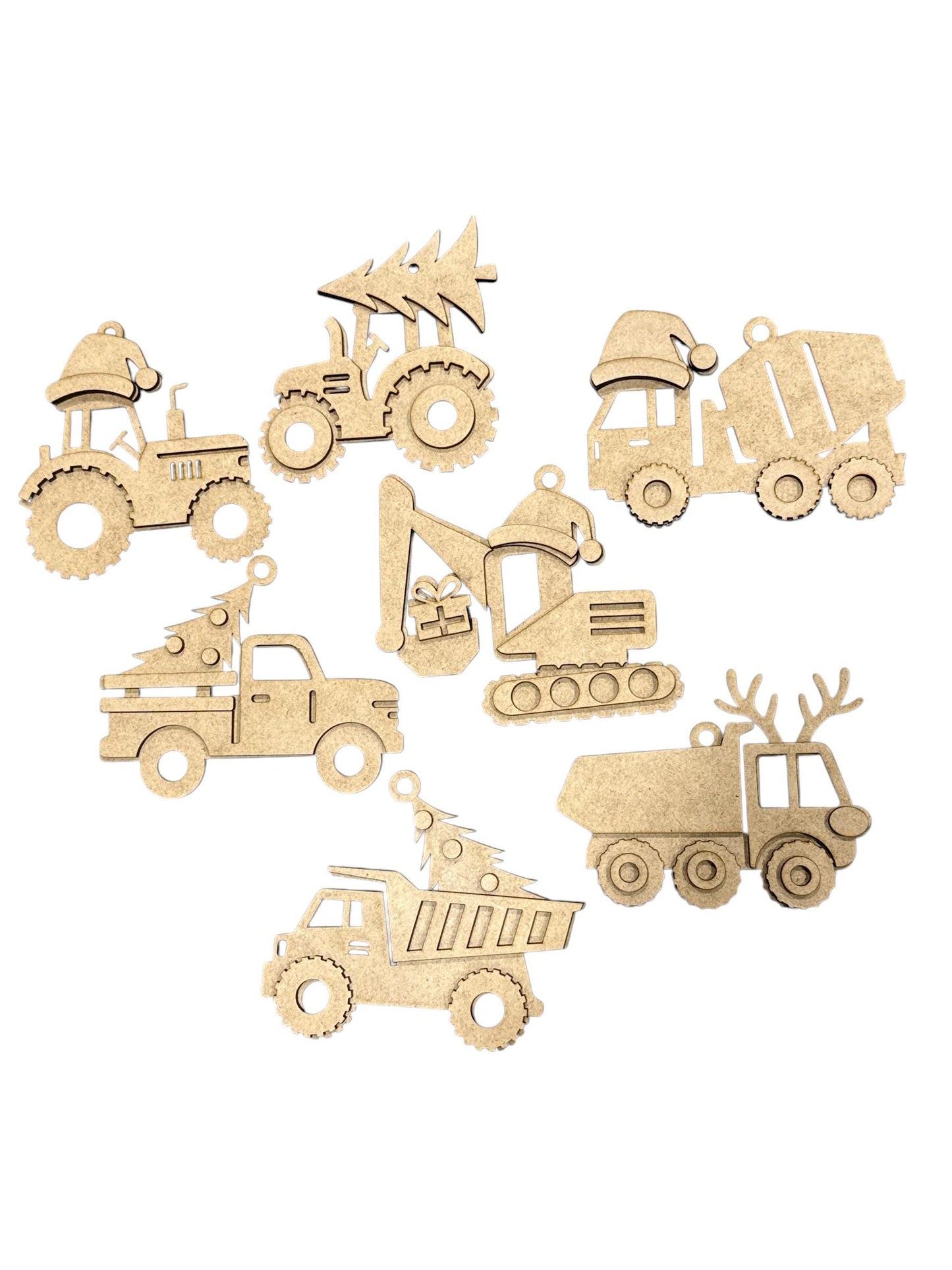 DIY Construction Ornament Bundle Set, Unfinished Tractor, Concrete Truck, Holiday Ornaments, Unfinished Farm Equipment