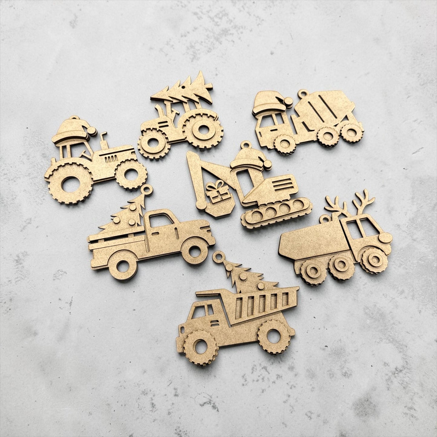 DIY Construction Ornament Bundle Set, Unfinished Tractor, Concrete Truck, Holiday Ornaments, Unfinished Farm Equipment