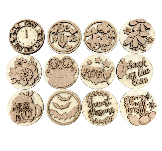 DIY Bundle 8 of Seasonal Interchangeable Rounds DIY Bundle: Unfinished Wood Sign Add-Ons, 3" or 6" Rounds for Seasonal Inserts