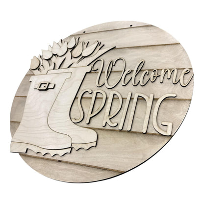 DIY Welcome Spring Door Hanger: Unfinished Wood, Welcome Spring, Spring Door Hanger, Spring Hanger, Rain Boots