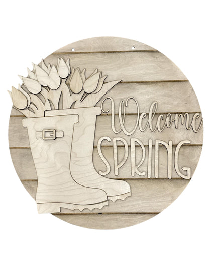 DIY Welcome Spring Door Hanger: Unfinished Wood, Welcome Spring, Spring Door Hanger, Spring Hanger, Rain Boots