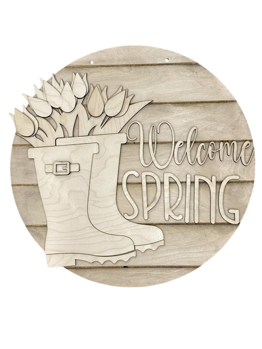 DIY Welcome Spring Door Hanger: Unfinished Wood, Welcome Spring, Spring Door Hanger, Spring Hanger, Rain Boots