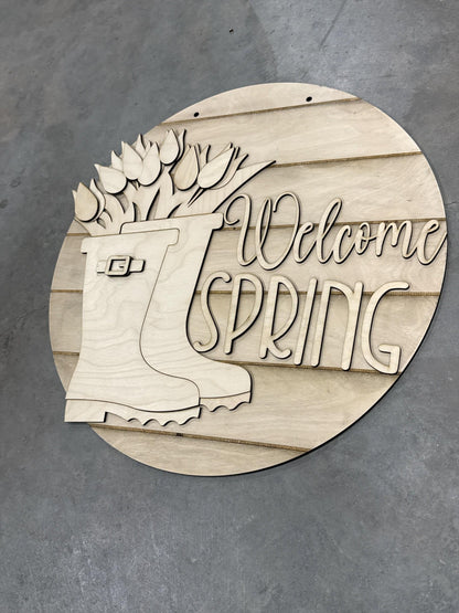 DIY Welcome Spring Door Hanger: Unfinished Wood, Welcome Spring, Spring Door Hanger, Spring Hanger, Rain Boots