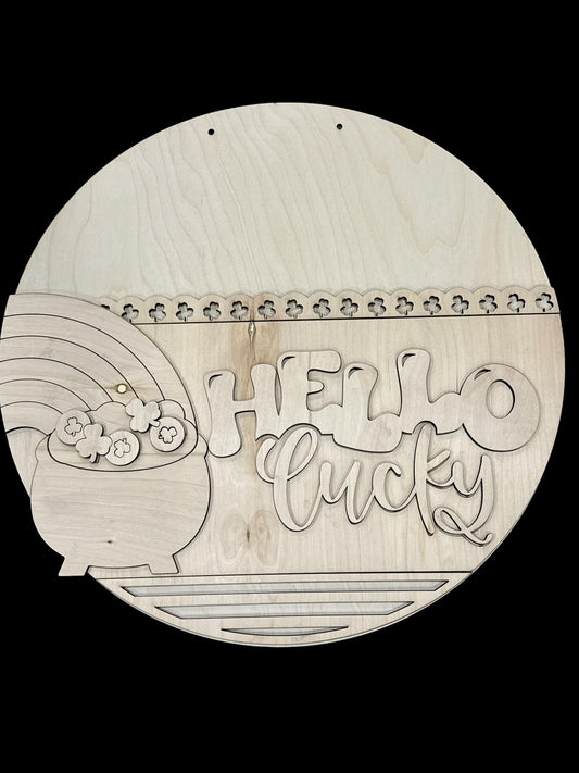 DIY Hello Lucky Door Hanger: Unfinished Wood, Shamrocks Door Hanger, Spring Door Hanger, St Patricks Door hanger