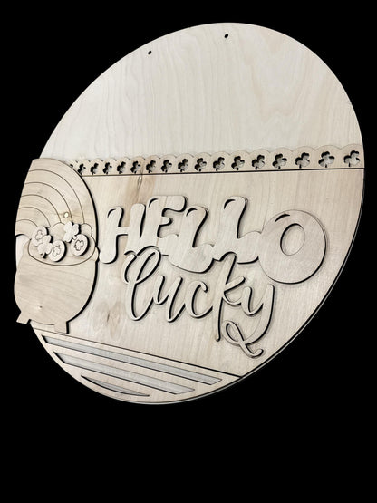 DIY Hello Lucky Door Hanger: Unfinished Wood, Shamrocks Door Hanger, Spring Door Hanger, St Patricks Door hanger