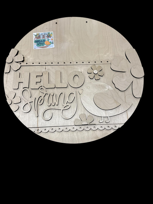 DIY Hello Spring Door Hanger: Unfinished Wood, Birdie Spring Door Hanger, Spring Door Hanger, Hello Spring with Bird and Flowers