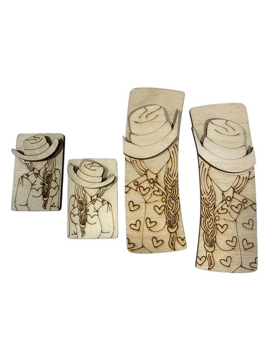 DIY Western Girl Clip Laser Blank, Wooden Blank Clip, Wood is Ready to Paint, Laser Cut, Claw Clip, Cowgirl Clip, 2" & 4"