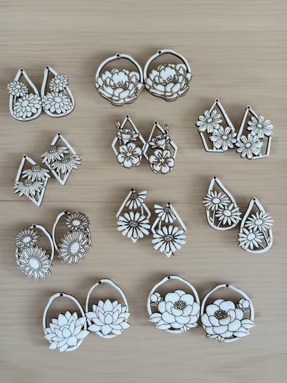 DIY Flowers Earrings Bundles, Engraved Wooden Earrings Unfinished, Florals, Bundle