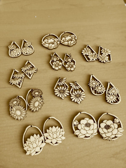 DIY Flowers Earrings Bundles, Engraved Wooden Earrings Unfinished, Florals, Bundle