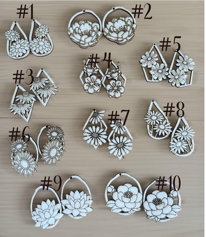 DIY Flowers Earrings Bundles, Engraved Wooden Earrings Unfinished, Florals, Bundle
