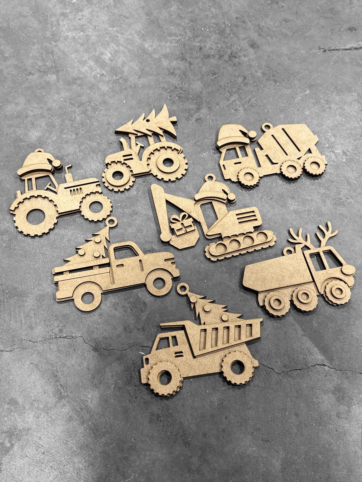 DIY Construction Ornament Bundle Set, Unfinished Tractor, Concrete Truck, Holiday Ornaments, Unfinished Farm Equipment