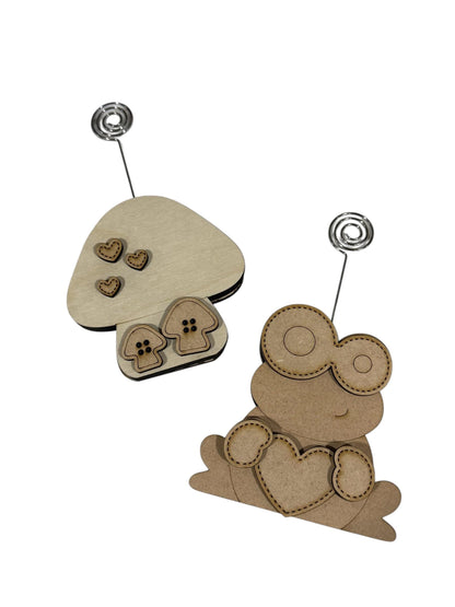 DIY Frog or Mushroom Card Holder Set, Spring, Frog, Mushroom, Summer, Picture, Place Setting, Shelf Sitter, Unfinished