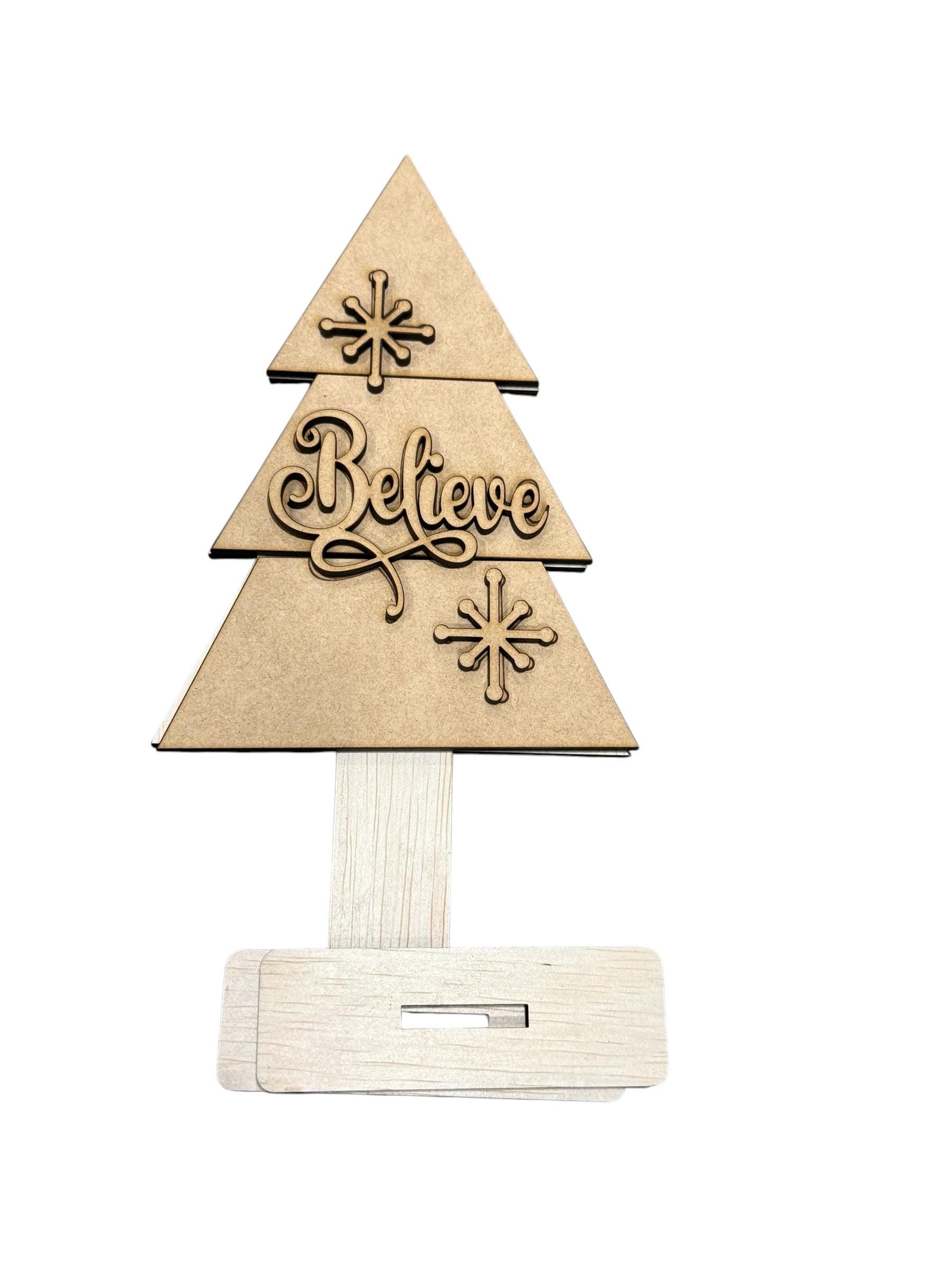 DIY Classic Christmas Trees, Unfinished Tree, Believe, Merry, Noel Christmas Trees