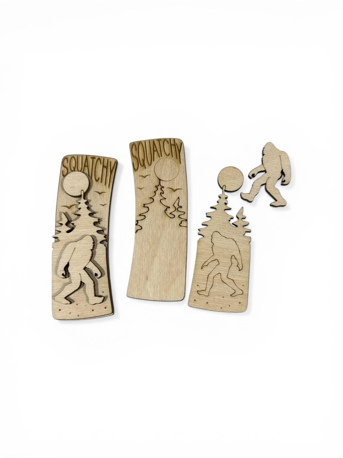 DIY Squatchy Claw Clip Pieces: Unfinished Wood Laser Cut Blanks, Squatchy with mountains