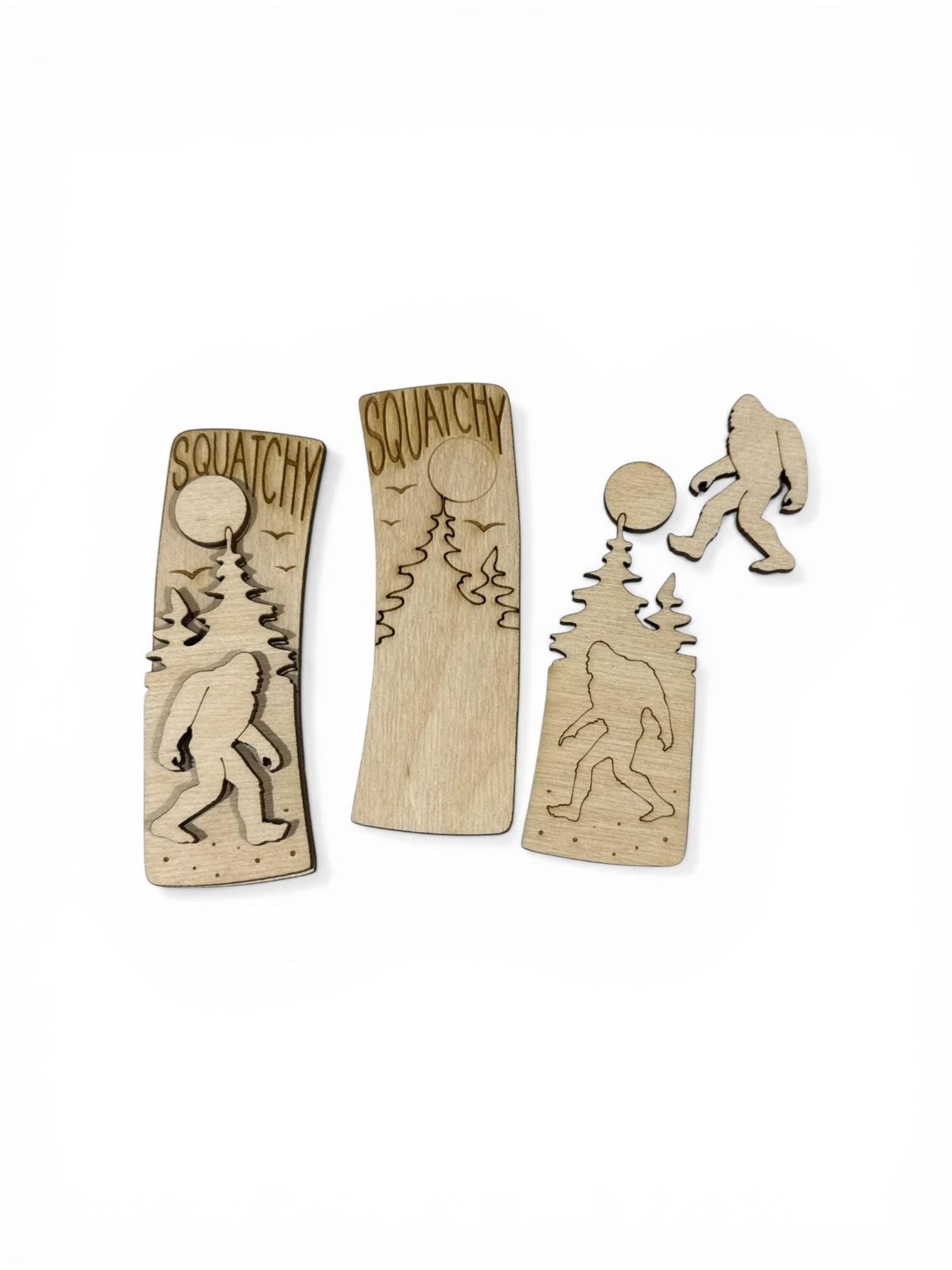 DIY Squatchy Claw Clip Pieces: Unfinished Wood Laser Cut Blanks, Squatchy with mountains