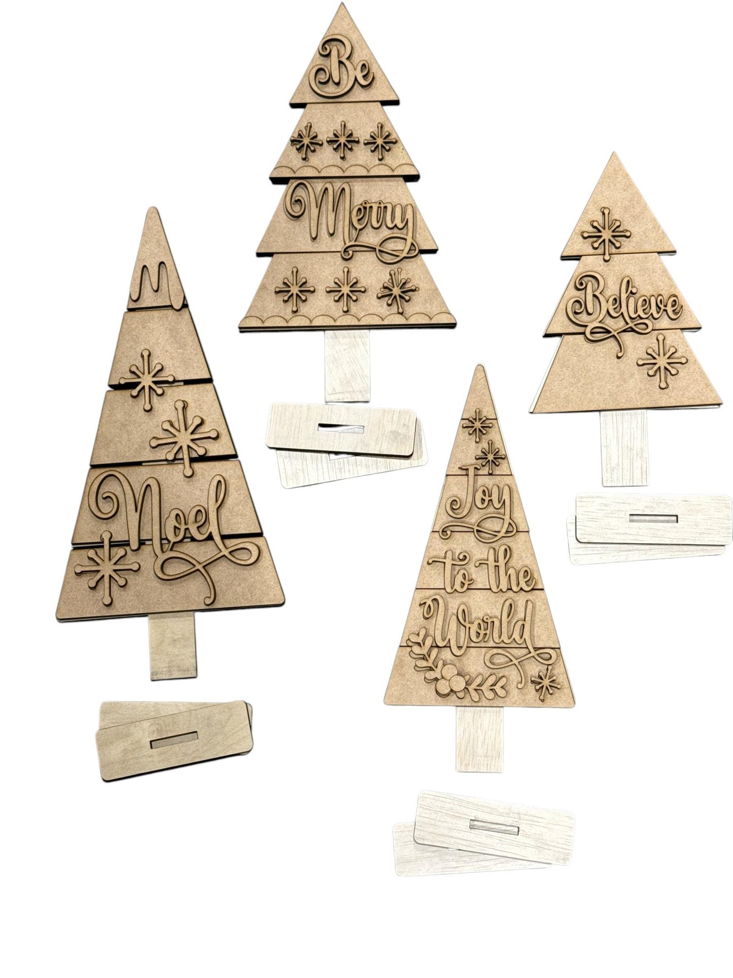 DIY Classic Christmas Trees, Unfinished Tree, Believe, Merry, Noel Christmas Trees