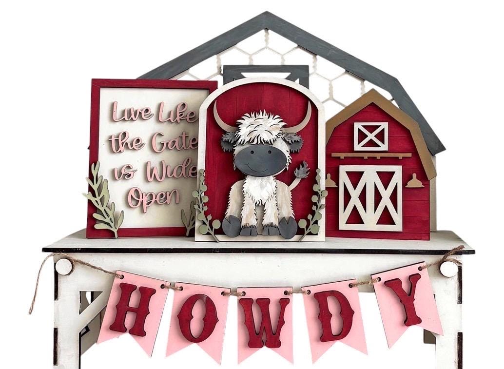 DIY Highland Cow Home Unfinished Wood Interchangeable Insert, Inserts only Unfinished farm life Interchangeable tiered tray