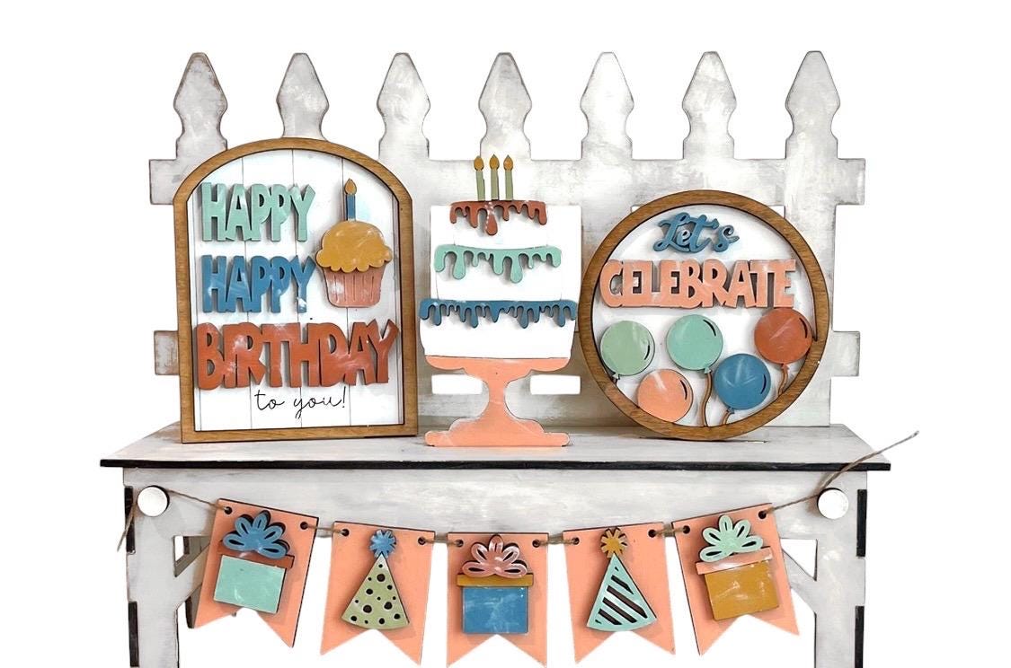 DIY Birthday Unfinished Wood Interchangeable Insert, Inserts only Unfinished Happy Birthday Interchangeable tiered tray