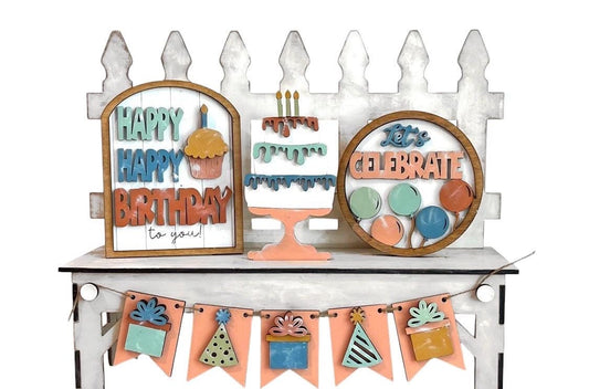 DIY Birthday Unfinished Wood Interchangeable Insert, Inserts only Unfinished Happy Birthday Interchangeable tiered tray