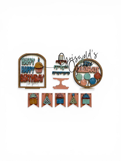 DIY Birthday Unfinished Wood Interchangeable Insert, Inserts only Unfinished Happy Birthday Interchangeable tiered tray
