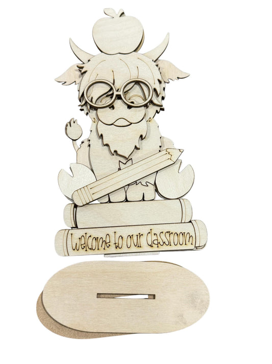 DIY Highland Cow Teacher, Teacher Highland Cow Unfinished Shelf Sitter, Welcome to our Classroom, Personalized