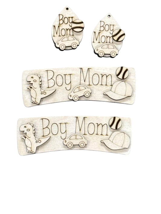 DIY Boy Mom Bundle Hair Clip 4" and Earring, Unfinished Sports Mom, fun to paint, earrings, Claw Clip