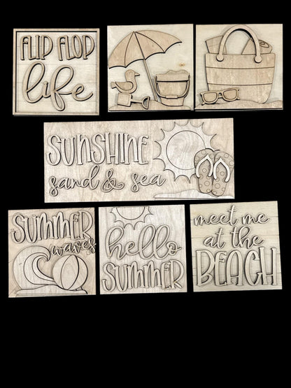 DIY Summer Beach Waves, Ladder Inserts DIY, 4.25" Squares for inserts, Leaning ladder inserts, Beach, Sunshine, Flip Flops