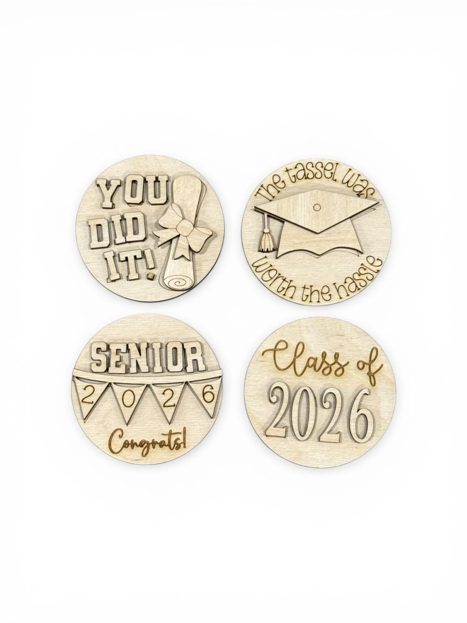 DIY Graduation 3" rounds, Rounds DIY Bundle: Unfinished Interchangeable Sign Add-Ons, Graduation Inserts for 3" or 6"