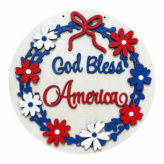 DIY God Bless America with Flowers Wreath Door Hanger, Unfinished Door Hanger: DIY Door Hanger, 4th of July