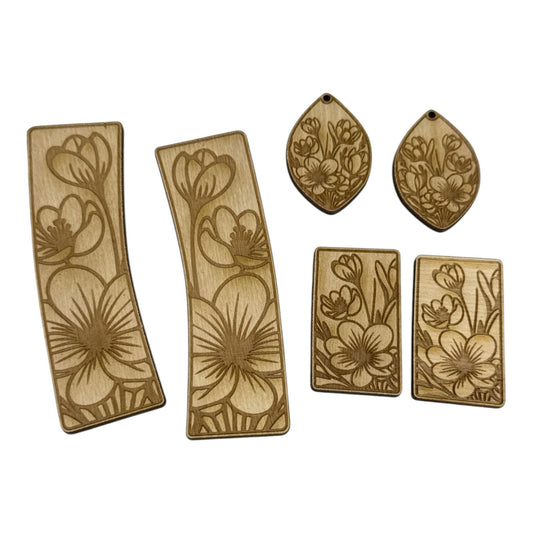 DIY Floral Hair Clip and Earrings, 2" and 4" Claw Clip, Floral Earrings: Unfinished Wood Laser Cut Blank, Floral Earrings