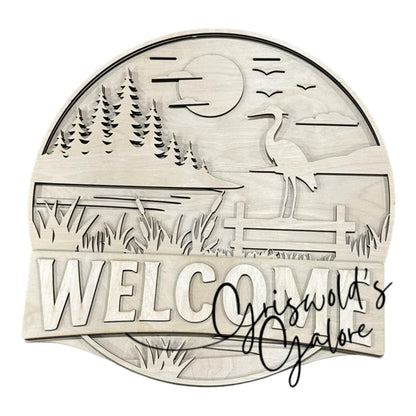 DIY Welcome Lake with Crane Door hanger, Unfinished Wooden Door Hanger: Unfinished, Lake Door hanger, Paint Party, Fundraising