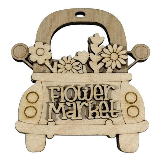 DIY Truck Flower Market Ornament, Unfinished, Wooden Ornament