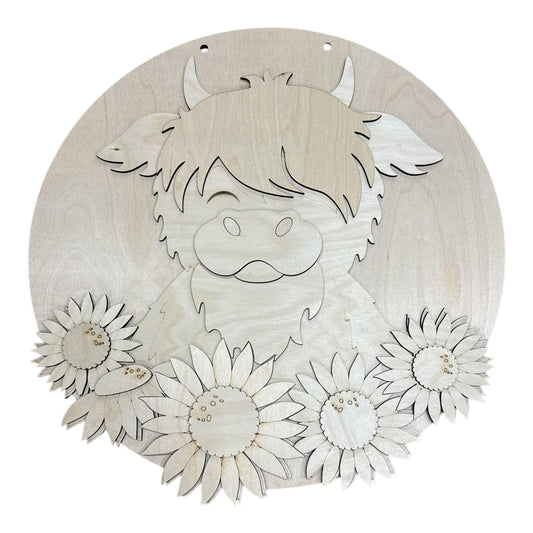 DIY Highland Cow Sunflowers, door hanger, paint craft project, home decor, Sunflowers