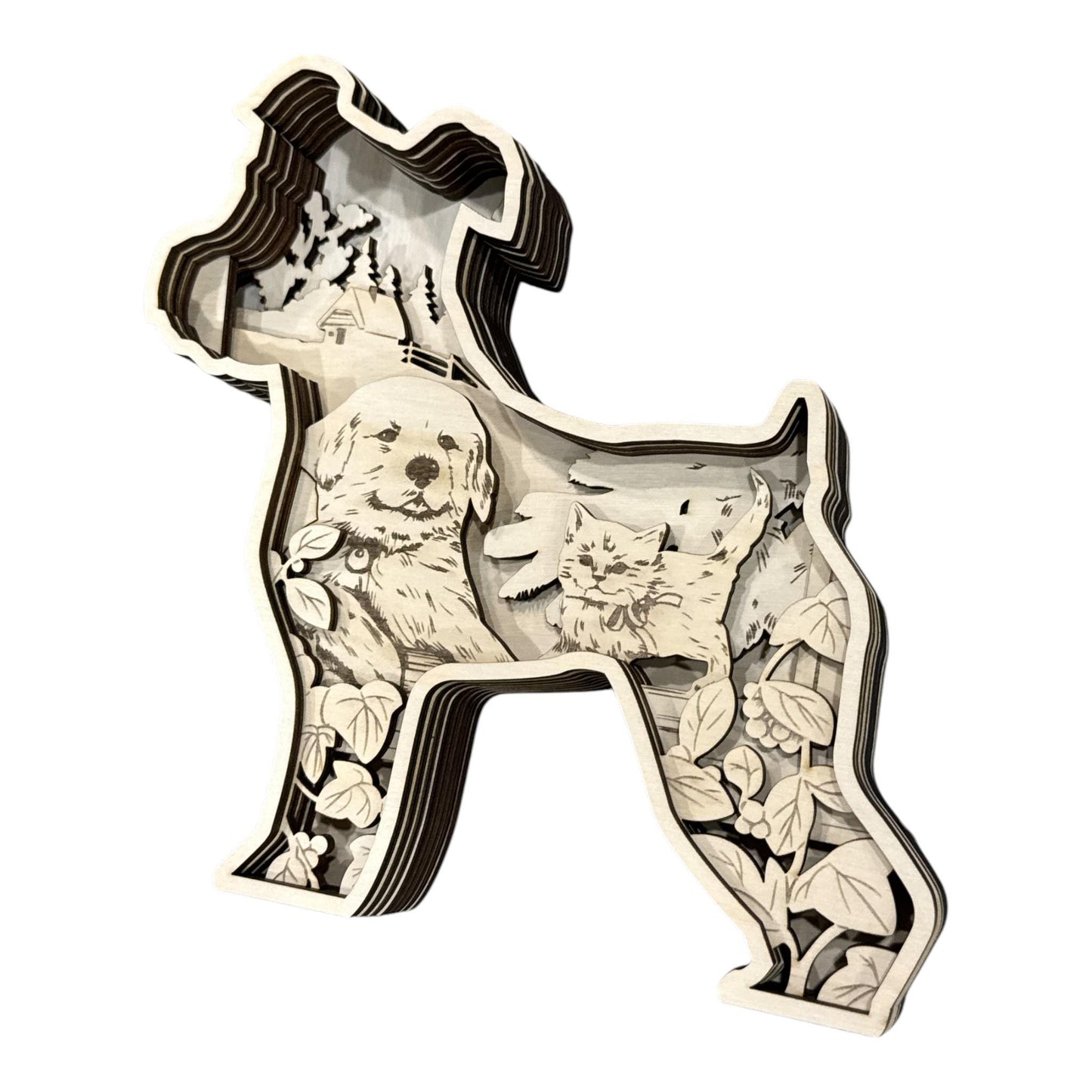 DIY 3D Standing Dog with cat Multi Layered, Unfinished 3D Shelf Sitter, Wood DIY