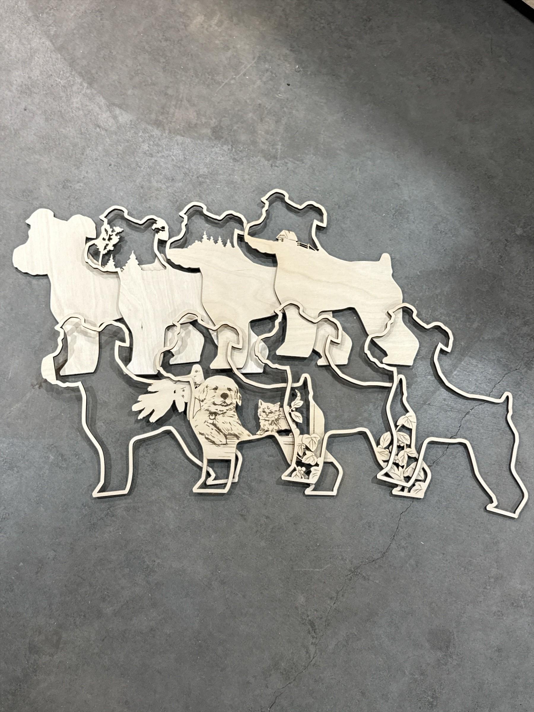 DIY 3D Standing Dog with cat Multi Layered, Unfinished 3D Shelf Sitter, Wood DIY