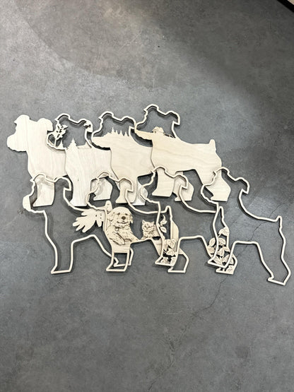 DIY 3D Standing Dog with cat Multi Layered, Unfinished 3D Shelf Sitter, Wood DIY