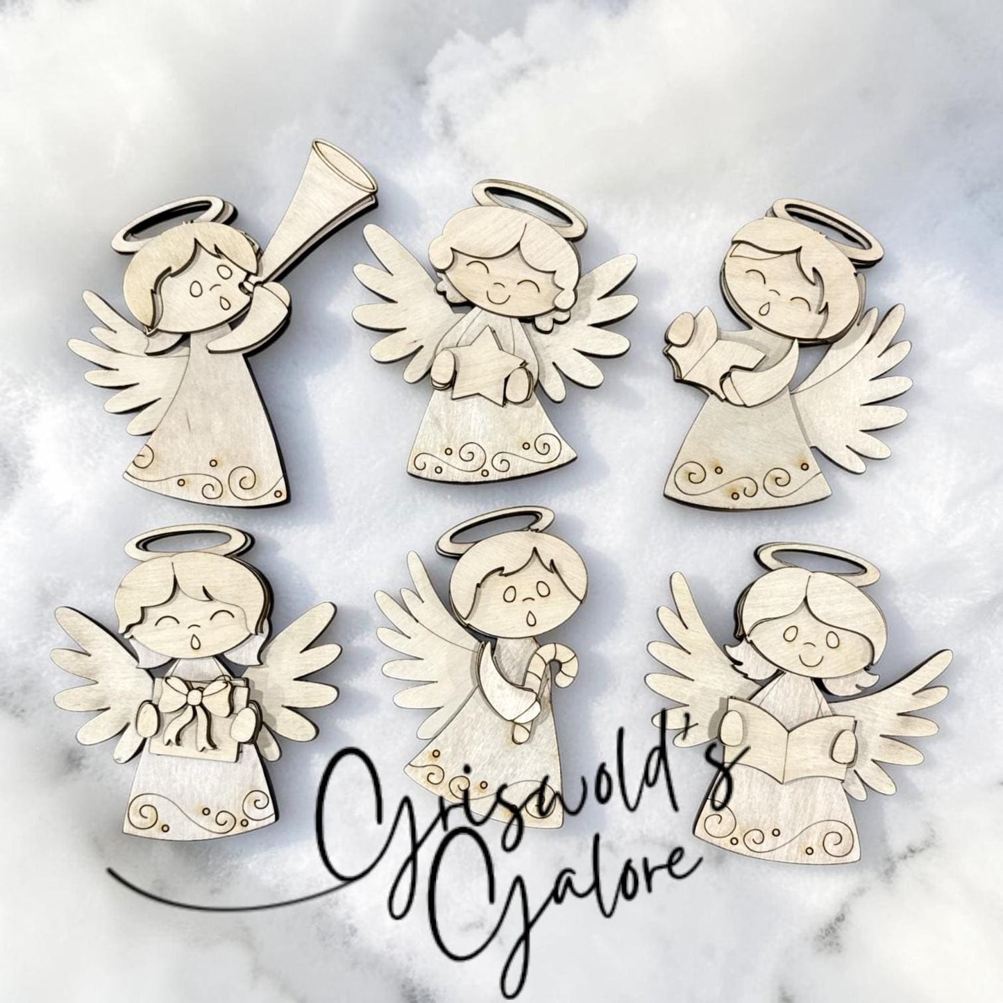 DIY Set of 6 Angel Ornaments, Unfinished Ornaments, Angels Unfinished Wooden Ornaments