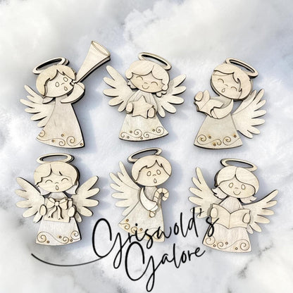 DIY Set of 6 Angel Ornaments, Unfinished Ornaments, Angels Unfinished Wooden Ornaments