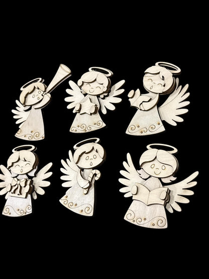 DIY Set of 6 Angel Ornaments, Unfinished Ornaments, Angels Unfinished Wooden Ornaments