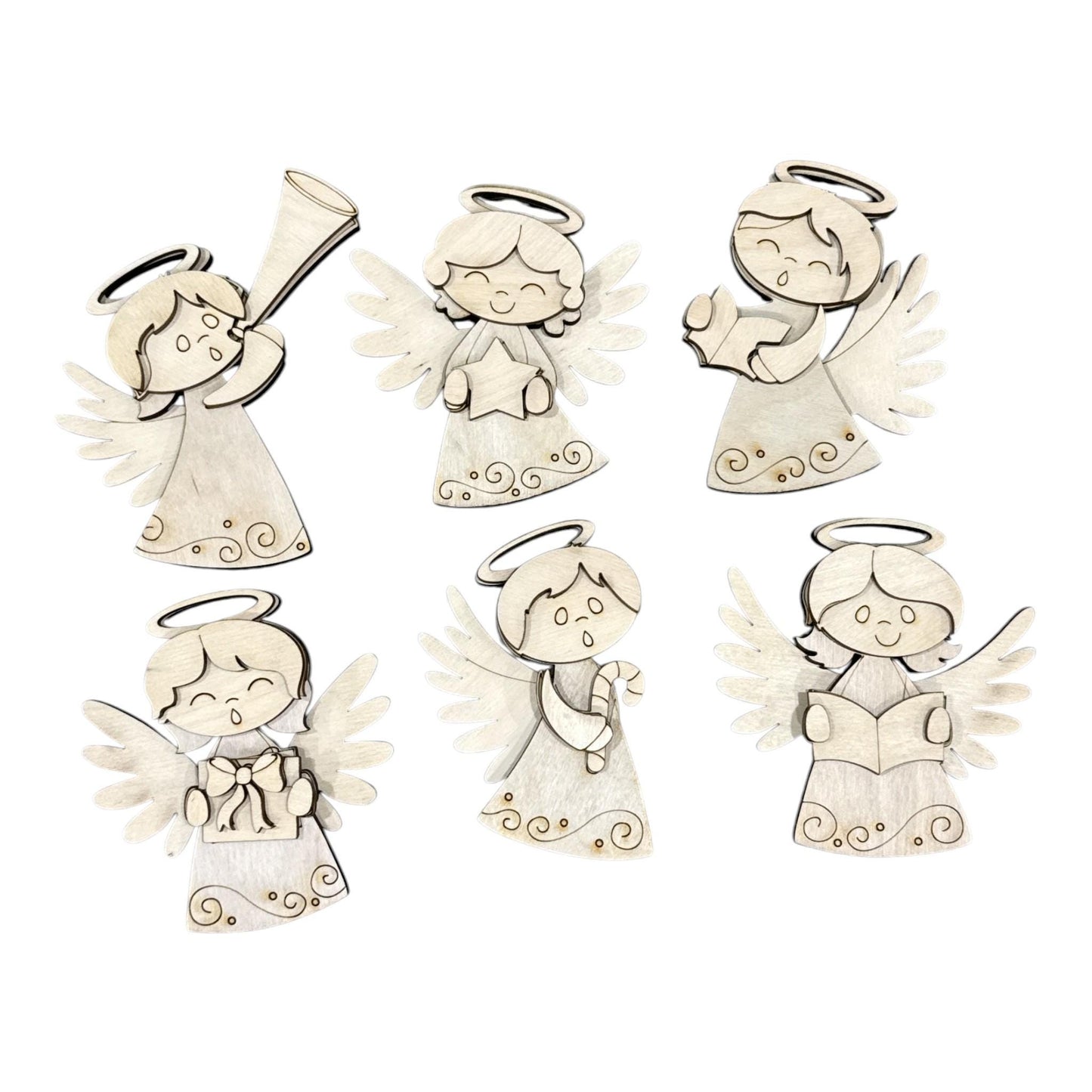 DIY Set of 6 Angel Ornaments, Unfinished Ornaments, Angels Unfinished Wooden Ornaments