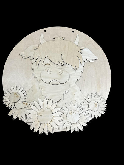 DIY Highland Cow Sunflowers, door hanger, paint craft project, home decor, Sunflowers