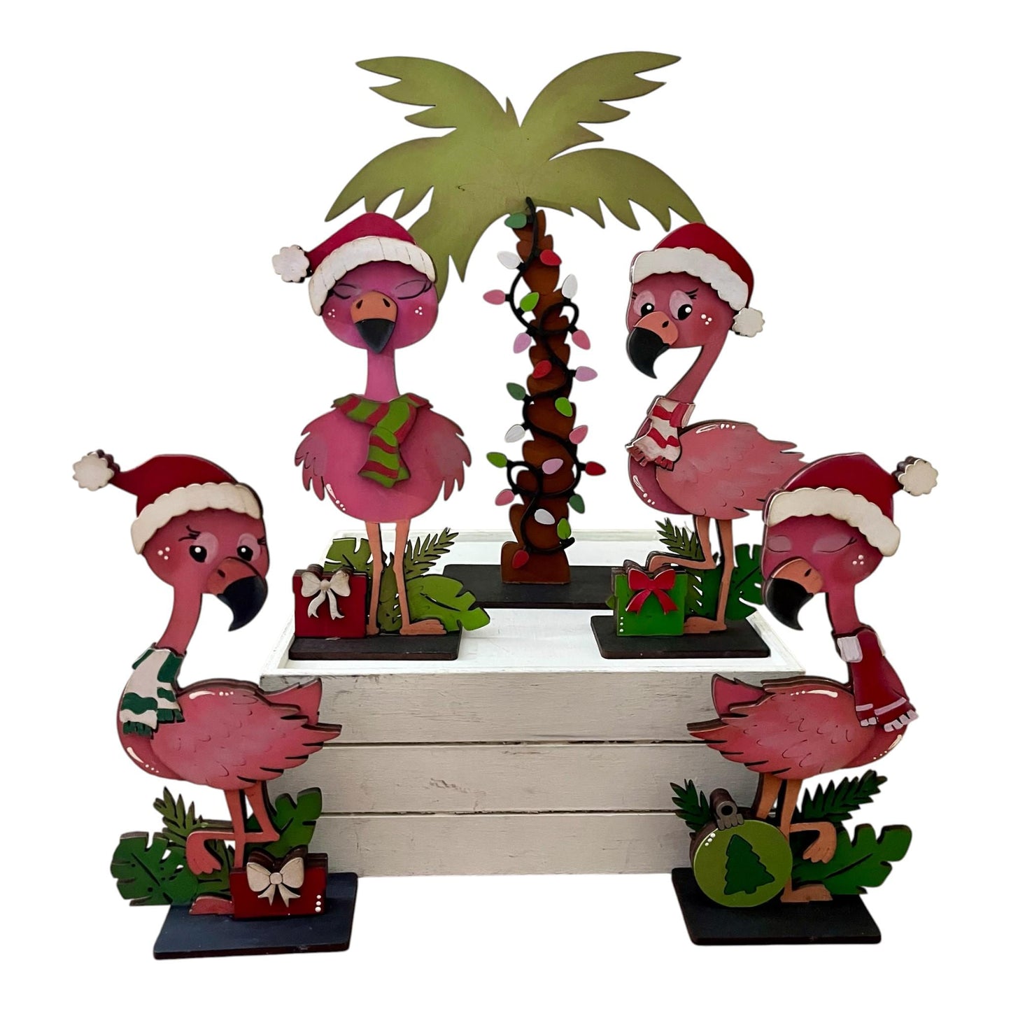 DIY Flamingo Christmas, Flamingo Unfinished Shelf Sitter, Palm Tree Christmas