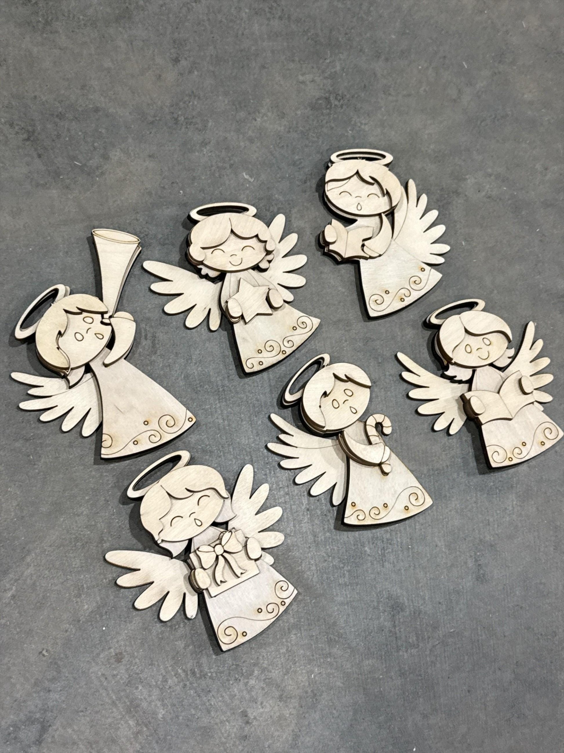 DIY Set of 6 Angel Ornaments, Unfinished Ornaments, Angels Unfinished Wooden Ornaments