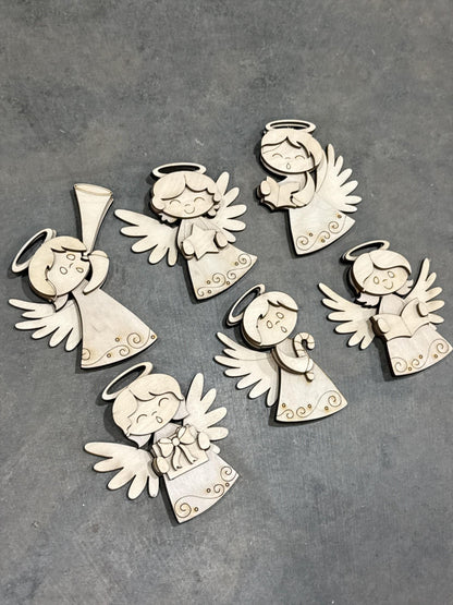 DIY Set of 6 Angel Ornaments, Unfinished Ornaments, Angels Unfinished Wooden Ornaments