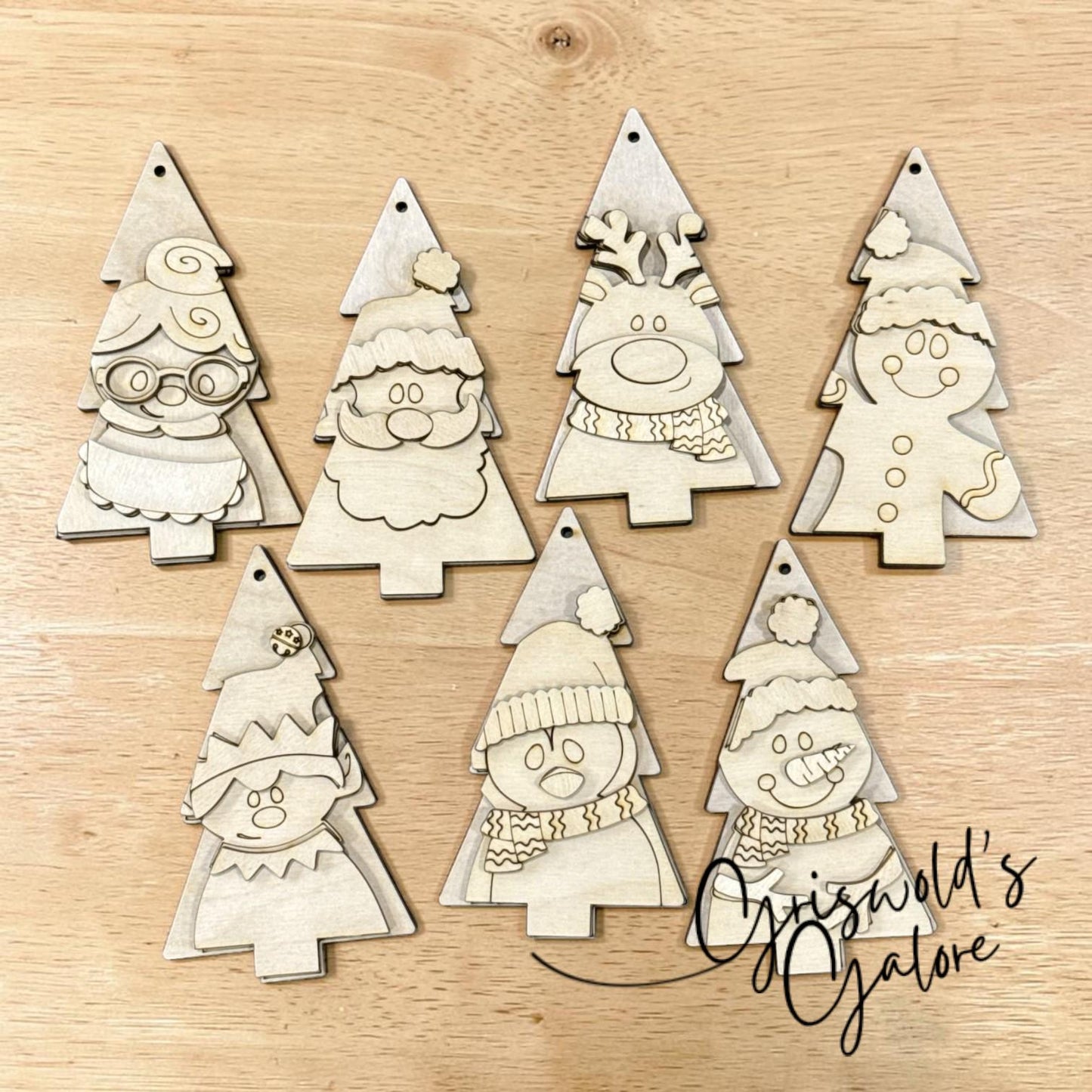 DIY Set of 7 Christmas Tree Friends Ornaments, Unfinished Ornaments