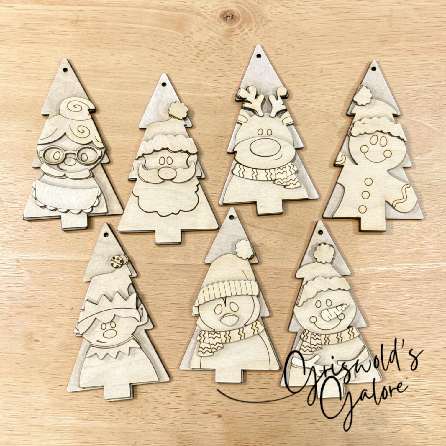 DIY Set of 7 Christmas Tree Friends Ornaments, Unfinished Ornaments