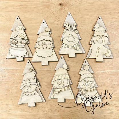 DIY Set of 7 Christmas Tree Friends Ornaments, Unfinished Ornaments