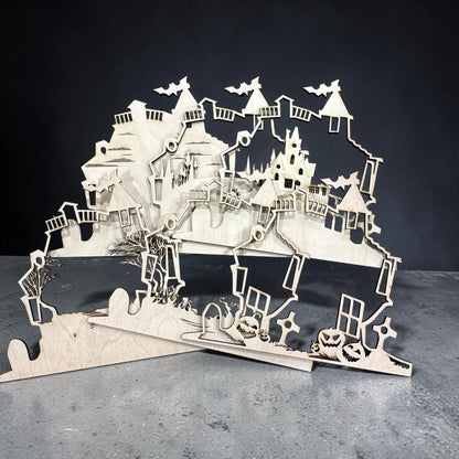 DIY 3D Halloween Haunted House Multi-Layered, Unfinished 3D Shelf Sitter, Wood DIY